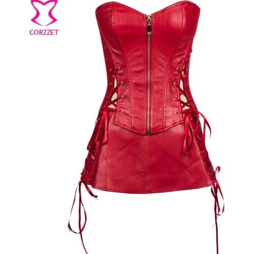 Corzzet Steampunk Corset And Skirt Red Leather Zipper Hollow Out Ovebust Corset Sexy Gothic Women Corset Dress Sets