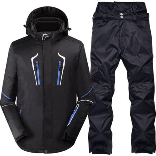 Plus Size Black Pure Color Mens Snow Suit Outdoor Wear Snowboarding Clothing Waterproof Winter Costumes Ski Jacket + Pant Male