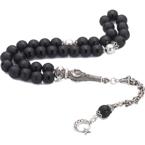 Matte Black Onyx Gemstone Prayer Rosary Men Sphere Cut Rosary With Silver Tassel Turkish Tasbih Crescent Star Model Tassel