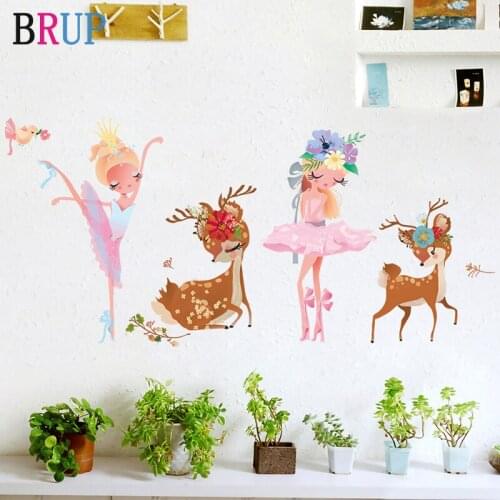 Cartoon Cute Sika Deers Fairy Wall Stickers for Kids Room Living Room Wall Decal Baby Nursery Murals Girls Wall Decor Poster
