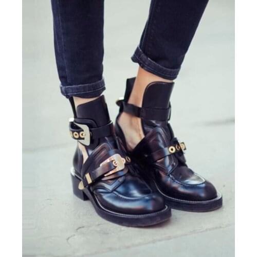 Fashion women ankle buckle boots thick heel motorcycles booties cuts out lady cool bota keep warmblack leather gladiator boots