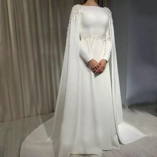 2021 Muslim Wedding Dresses for Bride with Cape A Line Long Sleeve Appliques Moroccan Caftan Wedding Bridal Gowns