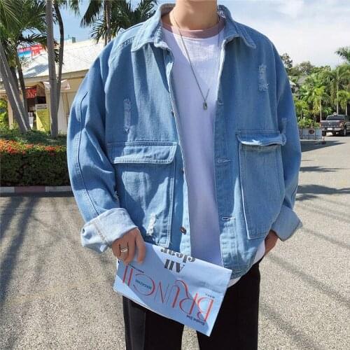 New coat mens denim clothing ins ultra-fire Port wind net red tide brand European and American street trend loose set