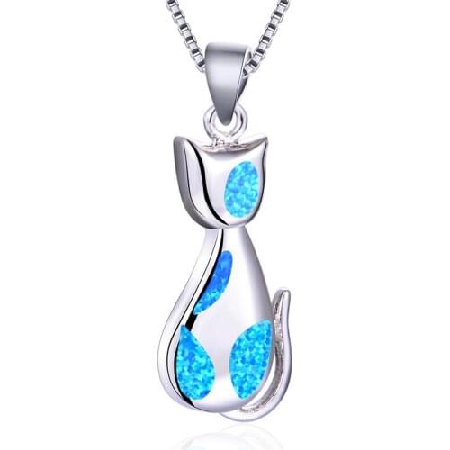 Dainty Small Cat Pendant Necklace Blue Fire Opal Fashion Necklaces For Women Wedding Jewelry Vintage Silver Color Chain Necklace