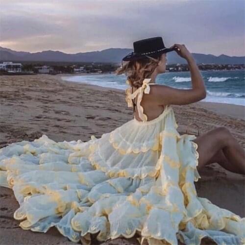 2021 Womens Ruffles Long Dress Solid Color Pure Cotton Cake Dress Loose Pendulum Vacation Pleated Dress Summer Strapless Dress