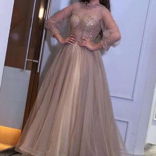 Long sleeve prom dresses 2020 champagne sequins a line tulle evening dresses party dresses vestidos de fiesta abendkleider