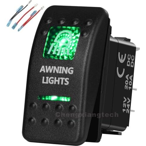 Green Led Printed Rocker Switch Awning Lights 5P on-off SPST 12V/20A 24V/10A+Jumper Wires Set for Car Boat Trucks Waterproof