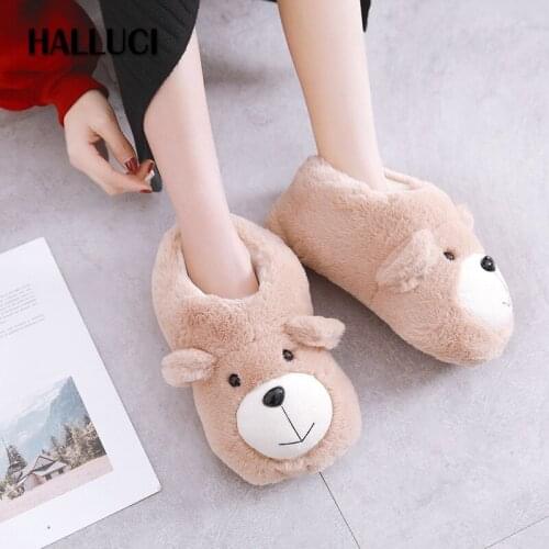 Kawaii bear Winter warm fleece flats shoes slippers women home plush indoor women rubber Bedroom non-slip Flip Flops slides