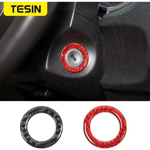 TESIN Carbon Fiber Car Interior Engine Start Stop Ignition Decoration Ring Cover Stickers Accessories For Ford Mustang 2009-2013