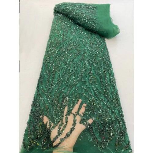5yards/pc) High quality emerald green tulle lace embroidered African beads and sequins net lace fabric for party dress FRX024