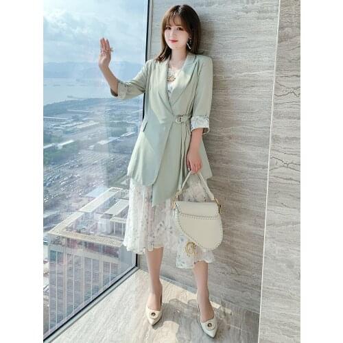 High quality Irregular belt suit+Two piece drawstring print dress 2021 summer