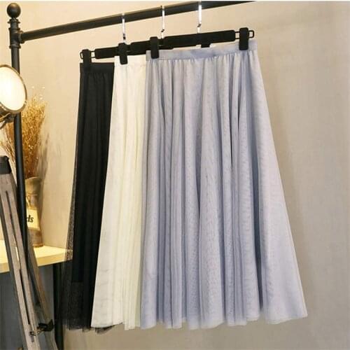 2020 Summer Gray / Black /White Mesh Skirts Womens Adult Mesh Pleated Skirt Elastic High Waist Puffy Midi Skirt V622