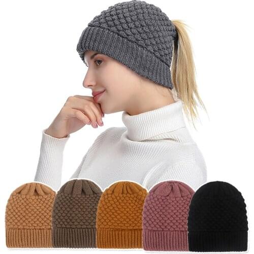 Women Autumn Winter Soft Knitted Hat New Style Empty Top Woolen Warm Ponytail Hat Pullover Cap Casual Elegant All-match Beanie