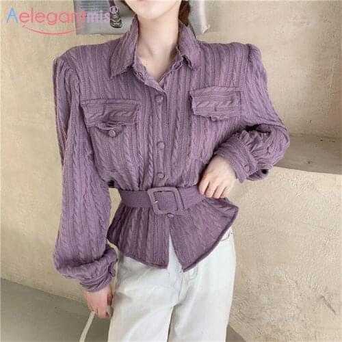 Aelegantmis Casual Korean Sashes Purple Blouse Shirt Women Soft Chic Twist Shirt with Belt Female Elegant Vintage Gary Shirt New
