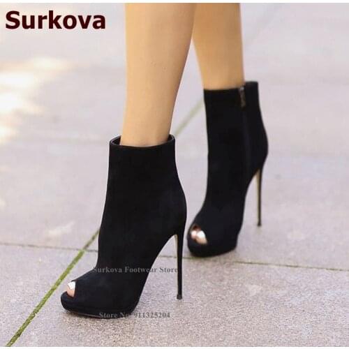 Surkova Nude Black Stiletto Heels Ankle Boots Women Open Toe Platform Short Booties Elegant Zipped Dress Shoes Size52 Dropship