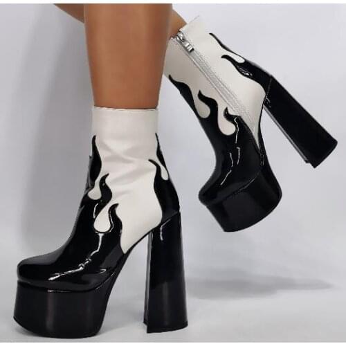 Lady Black Pink Leather Platform Ankle Boots Fashion Mixed Color Chunky Heel Flame Short Boots Sexy Female Booties Party Shoes