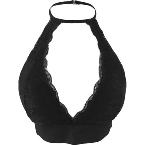 Women Floral Lace High Neck Bralette Halter Hollow Crop Top Strappy Backless Bra
