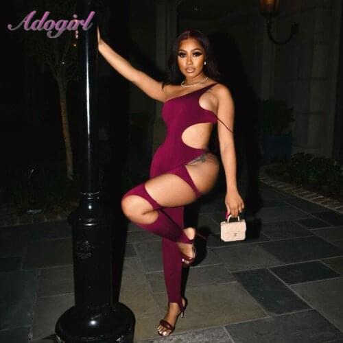 Fitness Rompers Sexy One Shoulder Hollow Out Night Party Club Skinny Jumpsuit Women Summer One Piece Outfit Sportwear Overalls