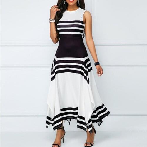 2021 Summer Women Dresses Fashion Stripe Sleeveless Round Neck Casual Dress Female long dress Irregular Elegant Party dresses