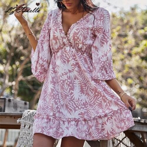 LZEQuella V-Neck Floral Print Mini Dress Women Half Sleeve Spring Summer Ruffles Pleated Boho Dresses Elegant Daily Clothes 2021