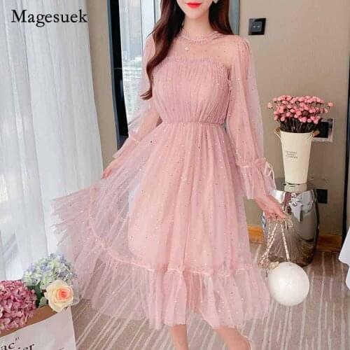 Elegant Voile Sequin Women Dress New Arrivals Flare Sleeve Sexy Mesh Dress Women Mid-Calf Long Dresses For Women Vestidos 12029