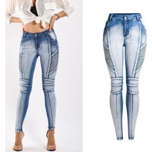 2021 New Locomotive Elastic Water Washed White Light Blue Elastic Tight Womens Jeans Pencil Pants Plus Up Size Jeans Pants