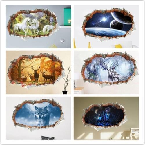 3d broken wall hole wall stickers living room home decoration Diy animal landscape stickers modern art mural