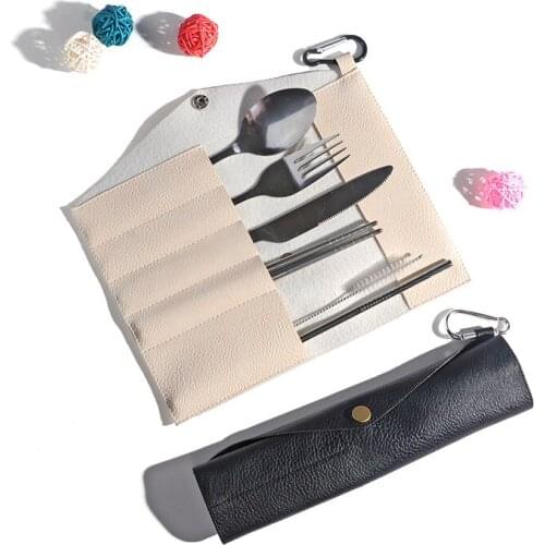 50Set/Lot Stainless Steel Cutlery Portable Cutlery Set Chopsticks Spoon Fork Reusable Straw Dinnerware Pu Leather Bag for Travel