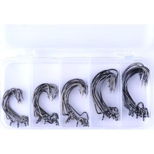 51PCS/LOT OffSetHook Fishing Hook 2# 1# 1/0-3/0# soft lure Worm Series Hook Red Color Crank hook Bass fishing accessories box