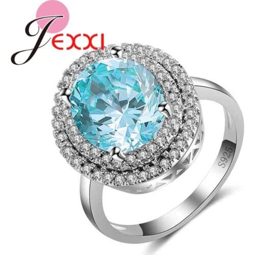 6/7/8/9/10# Round Skyblue Austrian Crystal Wedding Engagement Rings Bands Jewelry Hot 925 Sterling Silver Rings For Woman