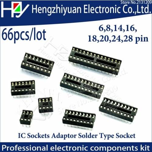 Hzy 66pcs/lot Sockets Adaptor Solder Type Socket Kit 6,8,14,16,18,20,24,28 pins, Through Hole Stamped pin Open Frame Dip Socket