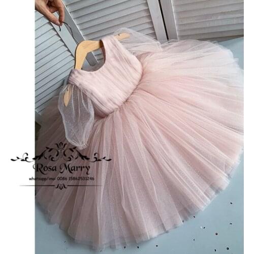 Sparkly Pink Cheap Flower Girls Dresses 2020 Ball Gown Long Sleeves Sequined Tulle First Holly vestidos de primera comunion Gown