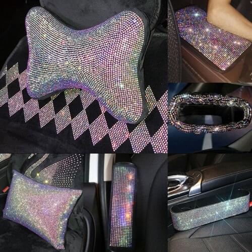 Bling Rhinestone Crystal Car Steering Wheel Cover Waist Support Diamond Headrest Pillow Car Interior Accessories for Girls Women