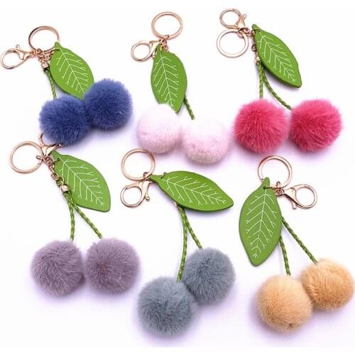Cherry Pom Pom Ball Key Chain Faux Rabbit Fur Pompom Color Fruit Keychain Women Bag Pendant Charms Key Ring Llavero Party Gift