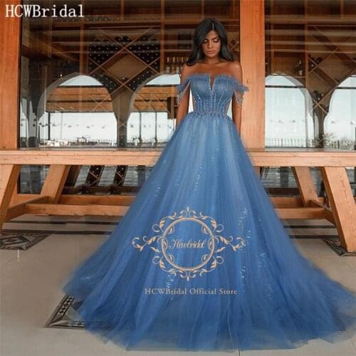 Long Dusty Blue Shiny Evening Dress Off The Shoulder Beading Tulle Plus Size Formal Dresses Black Girls Wedding Party Gowns