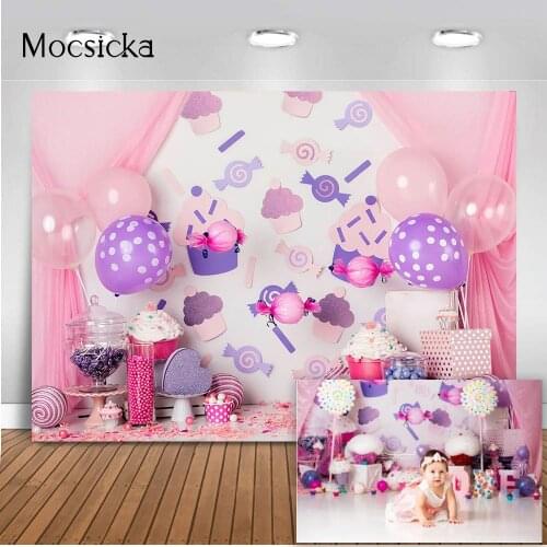 Sweet Candy Cake Smash Birthday Backdrops Girl Newborn Kids Portrait Photo Background Pink Curtain 1st Birthday Party Balloon