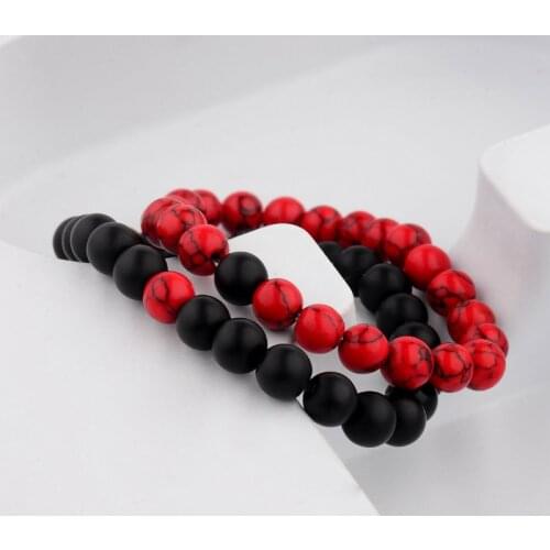 2Pcs Couples Long Distance Bracelet Natural Natural Stone Red Black Yin Yang Beaded Bracelets for Men Women Best Friend