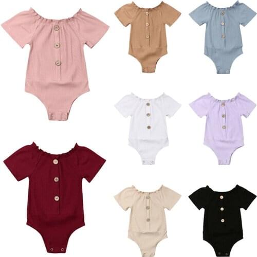 Baby Summer Clothing 0-24M Infant Baby Girls Boys Solid Bodysuit Off Shoulder Short Sleeve Jumpsuit Button Outfits Clothes