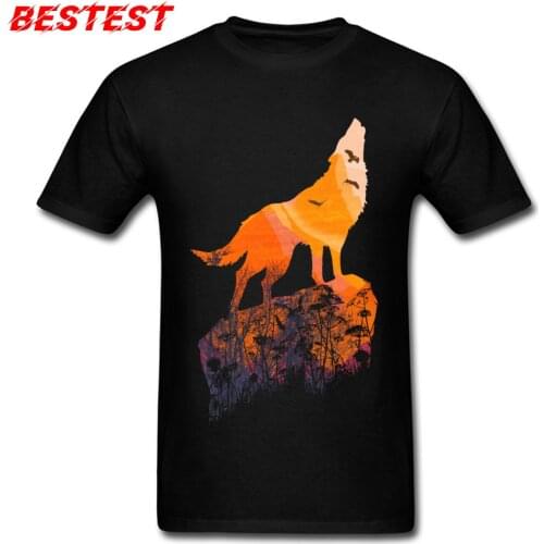 Man T-shirt Black Howling Mountain Wolf T Shirts Eagles On Sunset Print Mens Tshirts Autumn Cotton Clothes Adult Top Tees Cool