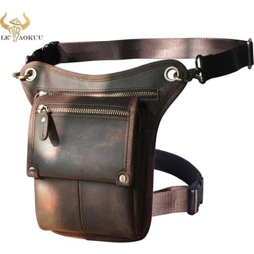 Crazy Horse Leather Men Vintage Small Travel Messenger Sling Bag Design Fanny Waist Belt Pack Phone Pouch Drop Leg Bag 211-4