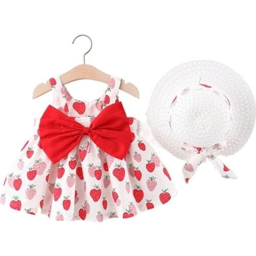 2021 New Summer Baby Girl Dress Bow Print Dress with Hat 2 Piece Baby Clothes Suits Bohemia Newborn Infant Toddler Dress 6-24M