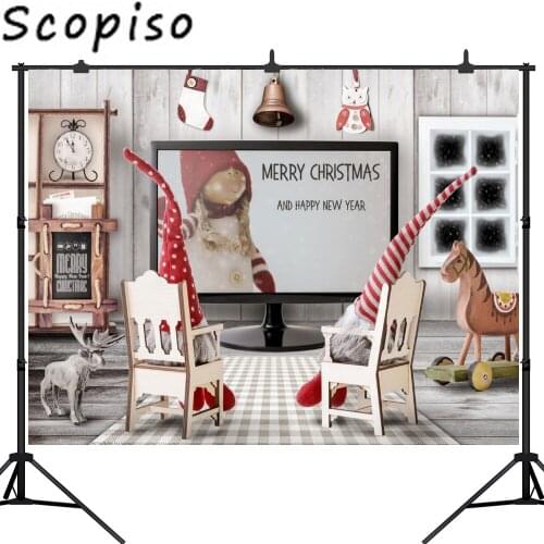 Scopiso Photography Backdrops Christmas Gift Trojan Horse Sock Grey Wooden Wall Television Child Photo Background Studio Prop