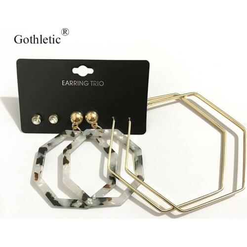 Gothletic 3prs/set Hexagon Metal Resin Hoop Earrings Pack Fashion Statement Earrings Fashion Women Jewelry