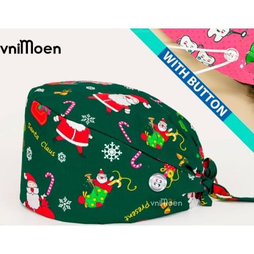 Christmas style nursing hats Work Cap with Button and Sweatband Adjustable Tie Back Hats Printed Multi Color for Woman and Man