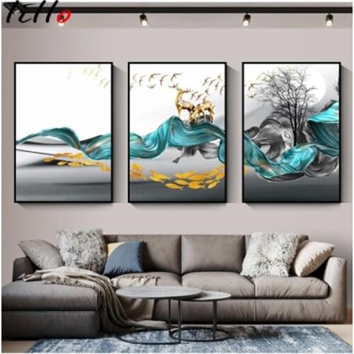 Nordic abstract golden deer painting canvas frames gold blue wall art frames for living room modern home decor