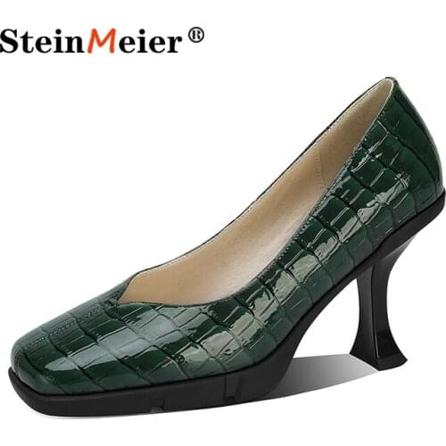 Genuine Leather Women Pumps Sexy High Heels Square Toe Black Green Dress Party Office Lady Shoes Pumps 2021 Spring Summer Shoes