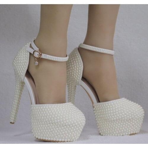 Crystal Queen Pearls Stilettos Woman Ivory Pointed Toe SandalsThin High Heels Elegant Pumps Women Party Wedding Shoes