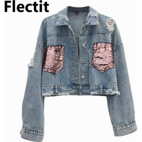 Flectit Vintage 80s Sparkled Sequin Crop Denim Jacket Women Frayed Long Sleeve Contrast Pockets Jeans Jackets