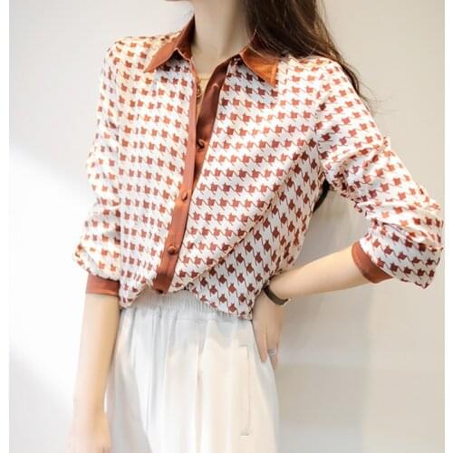 Vogue elegant ladies shirts houndstooth print Womens blouses New Spring Autumn long sleeve Tops bottom shirts Blusas Mujer