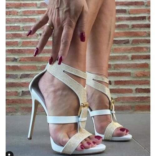Moraima Snc Sexy Peep Toe Crystal Embellished High Heel Sandal Woman Buckle Strap Gladiator Shoes Party Wedding Heels White